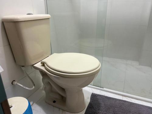 a white toilet in a bathroom with a shower at Apartamento Aconchegante Central (Borboleta) in Itajaí