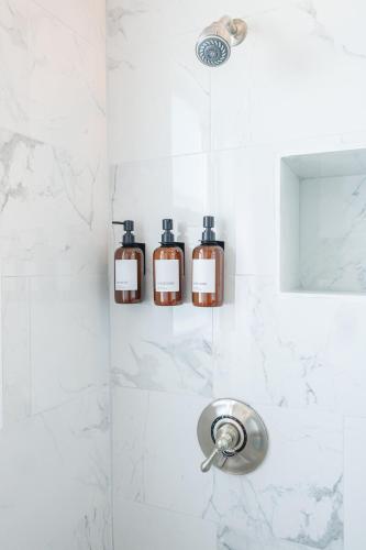 a bathroom with three bottles of soap in a shower at Stylish 3 Bedroom Apartment in Boston