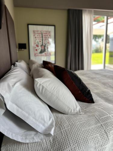 a pile of pillows sitting on top of a bed at Cerros de Terciopelo hotel boutique in Rosario de Lerma