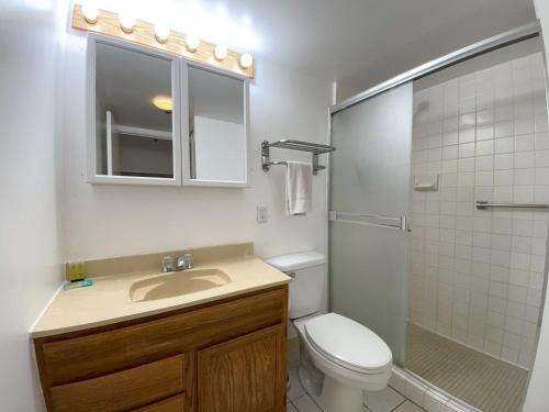 ホノルルにあるIlikai Apt 1042 - Spacious Studio with Ocean-Lagoon Viewsのトイレ、洗面台、シャワー付きのバスルーム