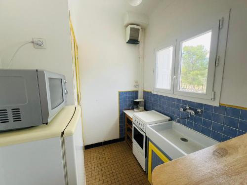 une petite cuisine avec une télévision et un évier dans l'établissement Studio cabine à 50m de la plage - 4 couchages - FR-1-309-398, à Argelès-sur-Mer