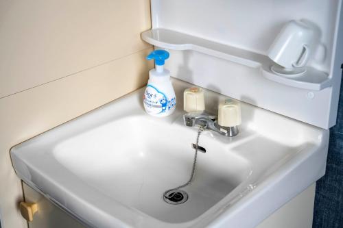 a bathroom sink with a bottle of detergent and a soap at Silk Court 405 in Chitose