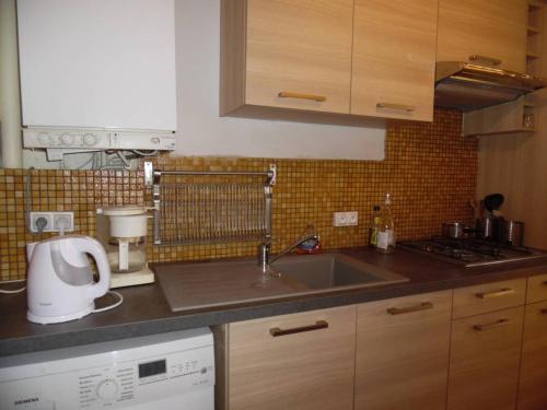 une cuisine avec un évier et un plan de travail dans l'établissement Deux-pièces climatisé face mer pour 4 personnes - FR-1-750-118, à Canet