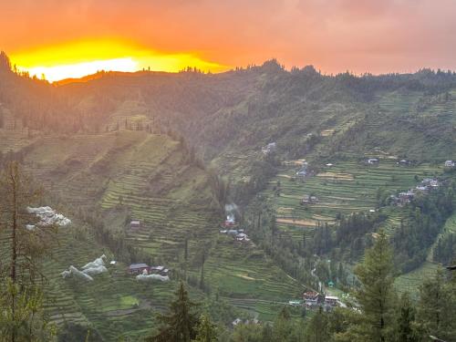 a view of a mountain valley at sunset at Apple Land by Naavagat in Jibhi
