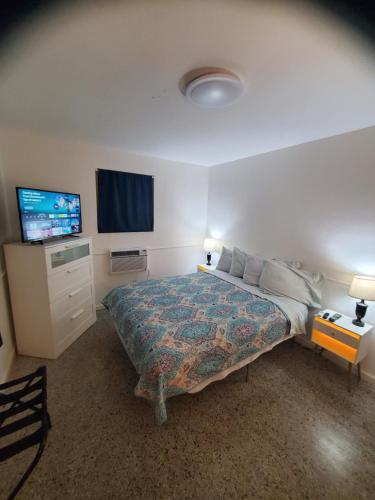 a bedroom with a bed and a flat screen tv at WHOLE HOME Cheerful Quiet 2 bedroom home 20 minutes from beaches in North Lauderdale