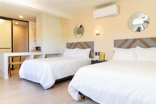 a hotel room with two beds and a desk at Colmena Hotel Los Cabos Marina in Cabo San Lucas