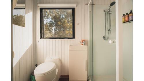a small bathroom with a toilet and a window at Mirror Reflections by Tiny Away in Tamborine