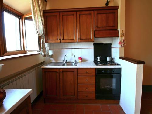 ピエンツァにあるModern Farmhouse in Pienza with Poolのキッチン(木製キャビネット、シンク、コンロ付)