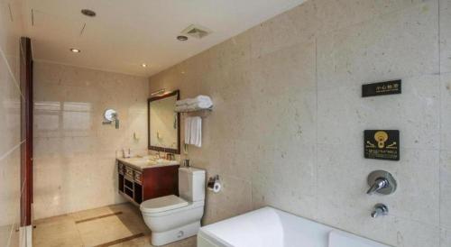 a bathroom with a toilet and a sink and a mirror at Jincheng Pacific Hotel in Jincheng
