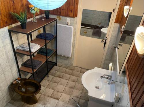 une salle de bain avec toilettes et lavabo dans l'établissement Maison de village atypique, à Cuers