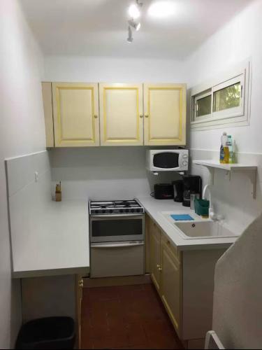 une petite cuisine avec une cuisinière et un micro-ondes dans l'établissement Maison de village atypique, à Cuers
