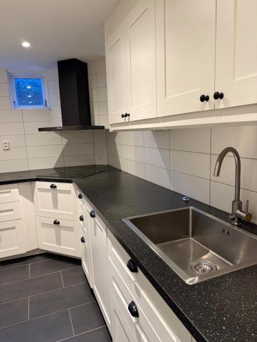 a kitchen with white cabinets and a stainless steel sink at Fredholmens Apartment in Gothenburg