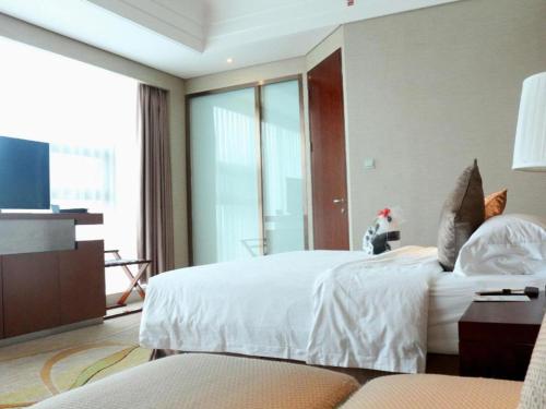 a hotel room with a bed and a television at Balan International Hotel in Dujiangyan