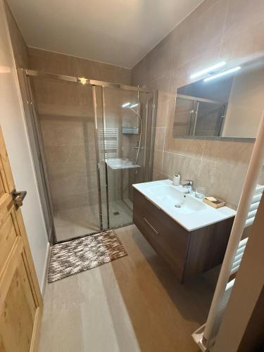La salle de bains est pourvue d'une douche et d'un lavabo blanc. dans l'établissement Nid douillet à la montagne, à Valmorel
