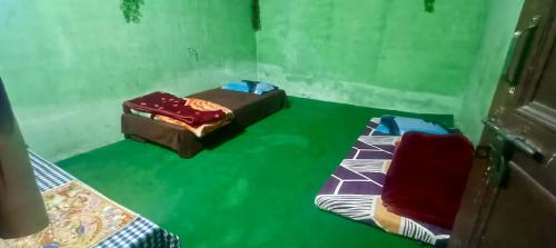 Una habitación con dos camas y una pared verde. en The North-East Breeze, en Jāmb