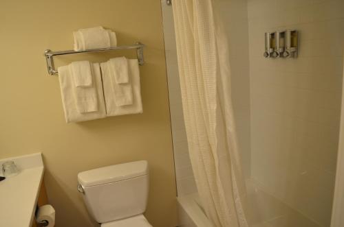 a bathroom with a toilet and a shower and towels at Inn on Long Lake in Nanaimo