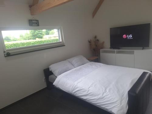 a bedroom with a bed with a television and a window at Het Uitzicht in Malden