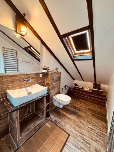a bathroom with a sink and a toilet at Haus Elena in Bestwig