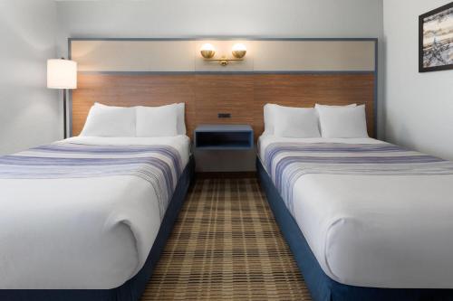 two beds sitting next to each other in a hotel room at AmericInn by Wyndham Chippewa Falls in Chippewa Falls