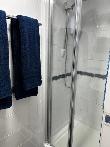 a bathroom with a shower with blue towels at Ortari@70 in Bishopston