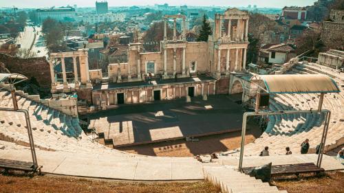 an aerial view of an amphitheater in a city at Hotel Domenic FREE PARKING in Plovdiv