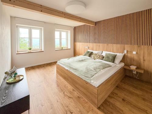 a bedroom with a large bed and two windows at Apartmány 144 in Liberec