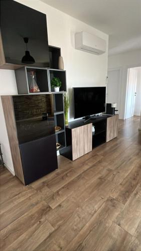 a living room with a television and a wooden floor at La casa del Professor in Càbras