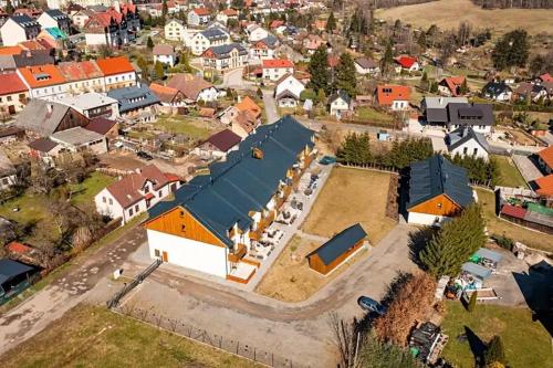 an aerial view of a small town with a building at Studio Mavis in Kašperské Hory