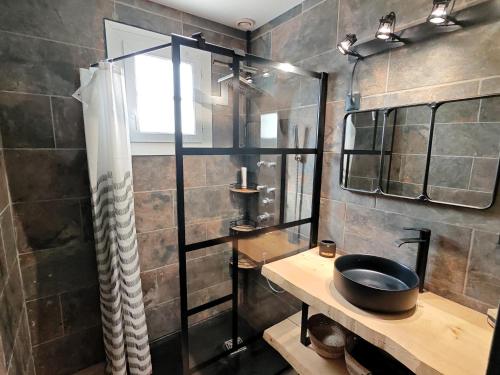 La salle de bains est pourvue d'une douche et d'un bol noir sur un comptoir. dans l'établissement Les Chouans, à Les Sables-dʼOlonne