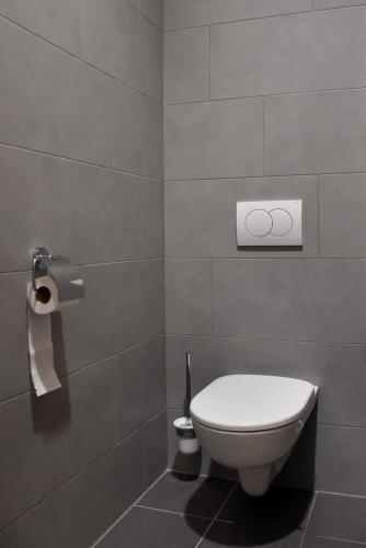 a bathroom with a toilet and a toilet paper dispenser at Búzavirág Apartmanok in Oszkó