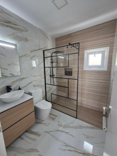 a bathroom with a toilet and a sink and a shower at Casitalola in Conil de la Frontera