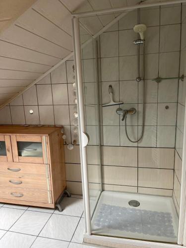 a shower with a glass door in a bathroom at Ferienwohnung Emmi in Nordenham