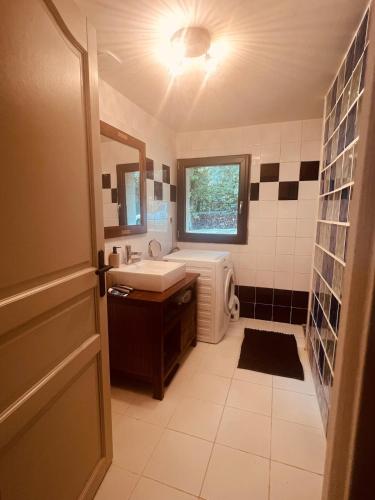 une salle de bain avec un lavabo et un miroir dans l'établissement Vacation home with pool, à Saint-Martin-le-Redon