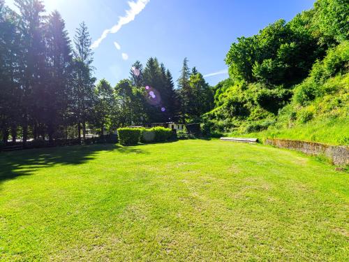 a large grassy yard with trees and a wall at Campeggio Internazionale Madonna del Ghisallo in Magreglio