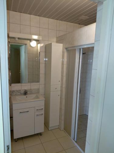 a bathroom with a sink and a shower and a mirror at Puhkekeskus SUVI in Karjamaa