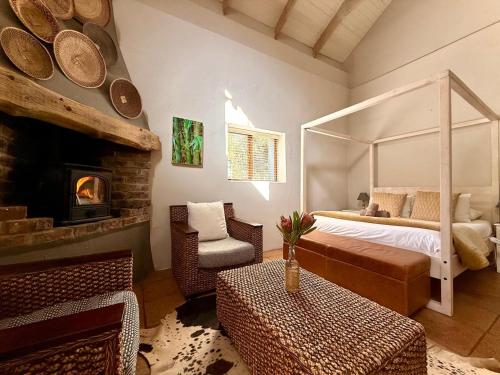 a bedroom with a bed with a mirror and a fireplace at Pat Busch Mountain Reserve in Robertson