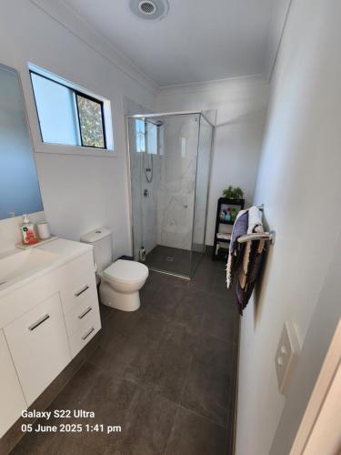 a bathroom with a toilet and a glass shower at Suburban Paradise With a Pool in Petrie