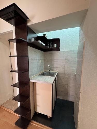 a small kitchen with a sink and a shelf at Apartments Slavica in Ohrid