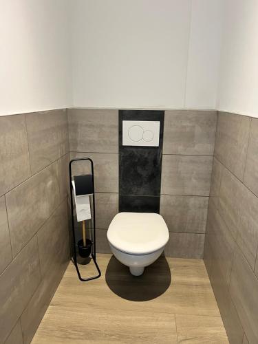 une salle de bain avec des toilettes blanches dans une chambre dans l'établissement Studio Rozelieures, à Rozelieures