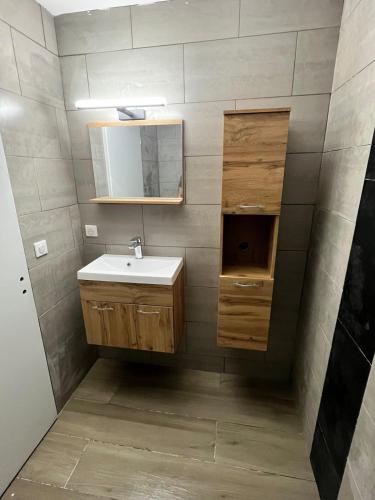 une salle de bain avec un lavabo et un miroir dans l'établissement Studio Rozelieures, à Rozelieures