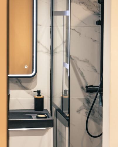 une salle de bain avec douche et lavabo dans l'établissement Appartement climatisé, plein centre, Garage, à Sainte-Maxime