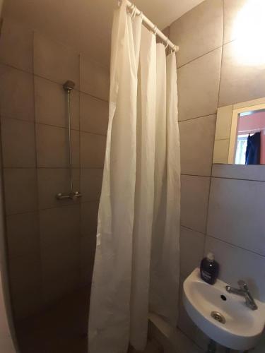 a bathroom with a shower curtain and a sink at 2-Rent Group Hostel Rooms&Apartments TUB19A in Munich