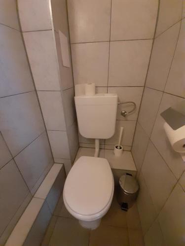 a small bathroom with a white toilet and a trash can at 2-Rent Group Hostel Rooms&Apartments TUB19A in Munich