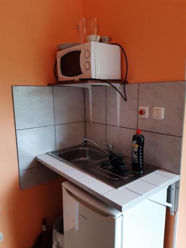 a small kitchen with a sink and a microwave at 2-Rent Group Hostel Rooms&Apartments TUB19A in Munich