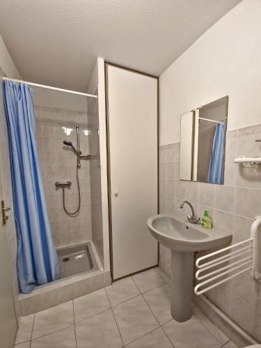 une salle de bain avec douche et lavabo dans l'établissement Studio Coralines Plage 500 m, au Lavandou