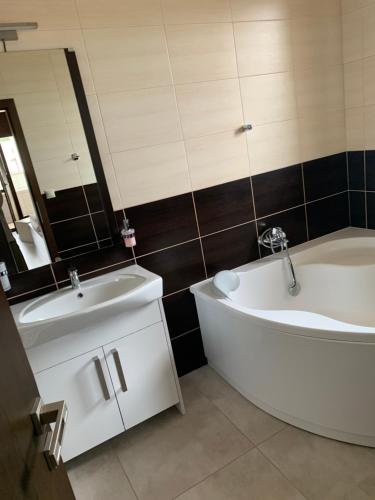 un bagno con vasca, lavandino e specchio di Vila Lexus a Veľký Meder