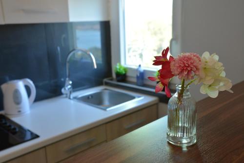 a vase of flowers sitting on a table in a kitchen at Maris Rogoznica in Rogoznica