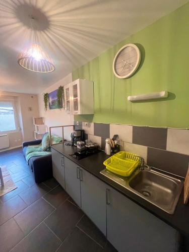 a kitchen with a sink and a couch in a room at Studio Mayotte Escale in Liancourt