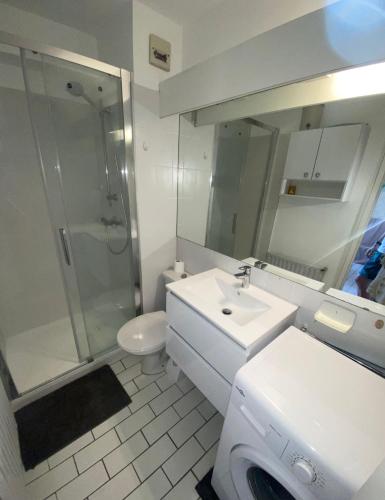 une salle de bain avec un lavabo, des toilettes et une douche dans l'établissement Beau 2 pièces FRONT DE MER, proche commerces, à Canet