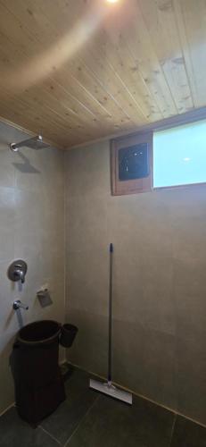 a bathroom with a toilet and a window at Acoustic Himalayas Jibhi in Jibhi